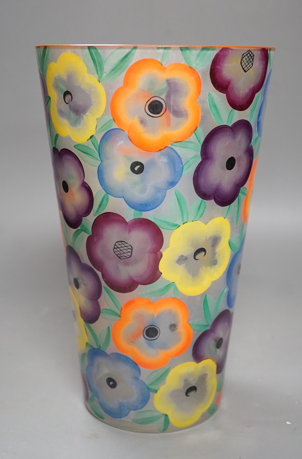 A 1930s/40s floral enamelled glass vase, 27cm
